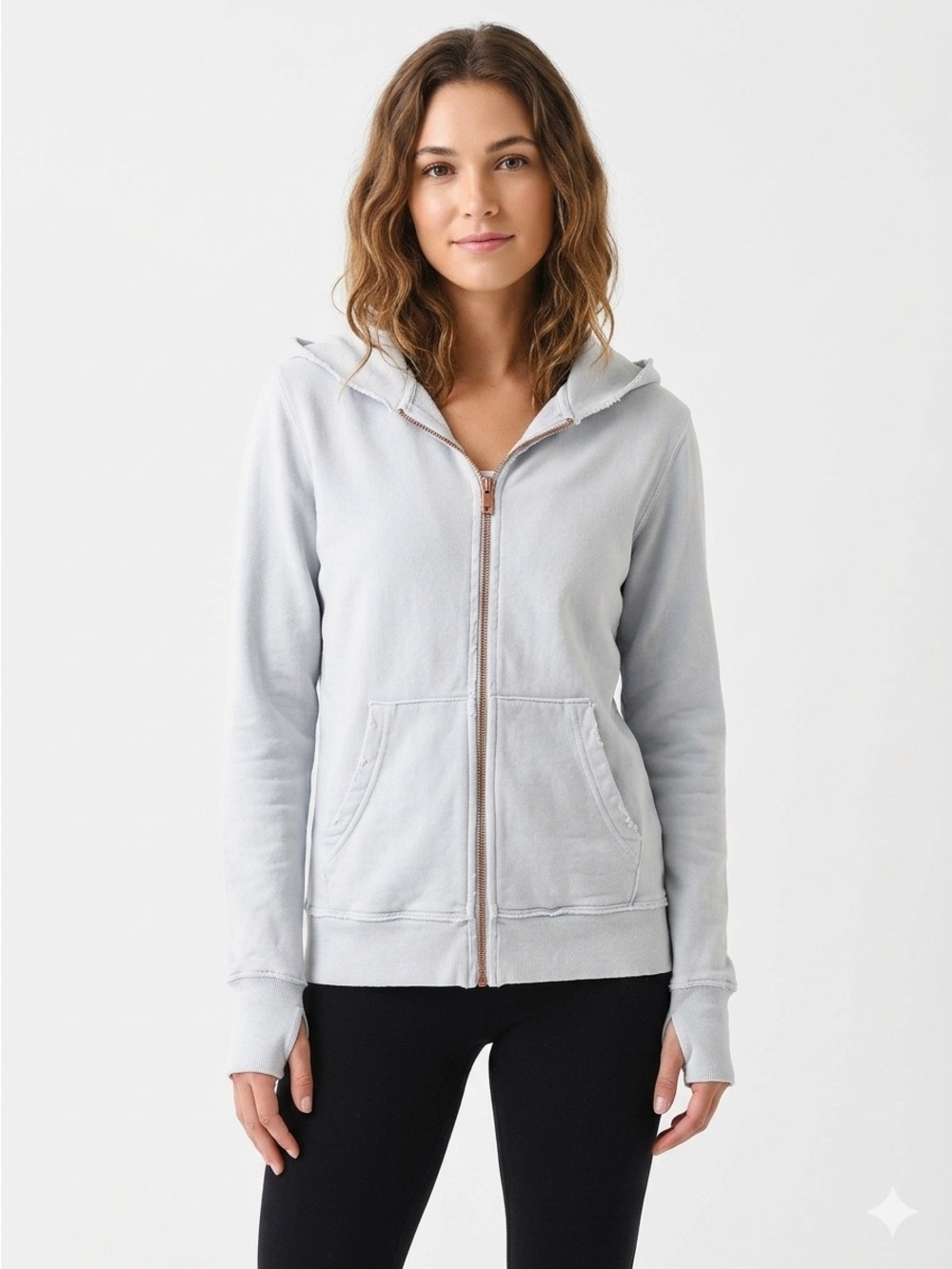 FOR THE REPUBLIC Ecru Front Zip Raw Edge Hoodie S Small EUC